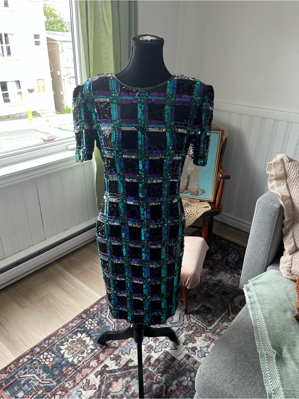 Women’s Vintage Sequined Silk Dress in Black with Teal & Purple M